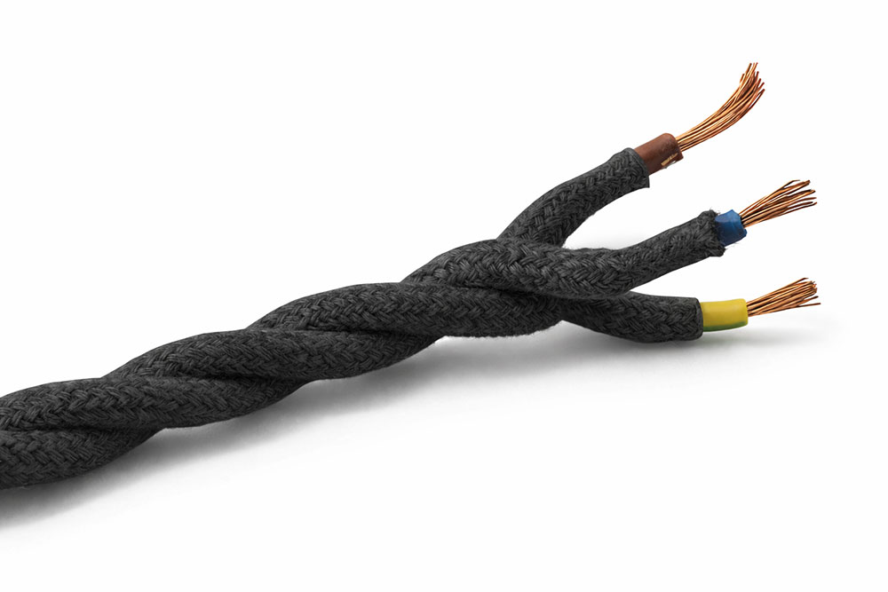 Câble électrique textile rond tresse couleur noir - 3x0.75mm² avec terre